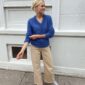 The blue Stockholm Sweater V-Neck is knitted in Silk Mohair by Isager in color 44.
