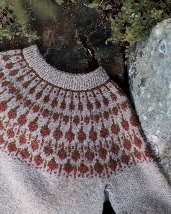 De Acorn-trui van Sisuknits is gebreid met Nordic Air in de kleuren 2030 Sandy Beach, 3050 Playful Fox en 3030 Grand Old Pine.