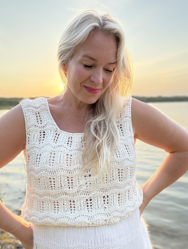 The white Tiny Dancer Top is knitted with Knitting for Olive Pure Silk in color Cream (two strands of yarn held together)