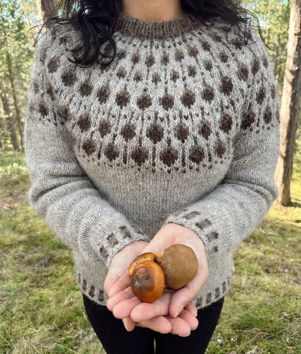 Sisuknits Acorn Sweater is knitted with Istex Lettlopi in the colors 0086 Light Beige, 0867 Chocolate and 1420 Murky. De Acorn-trui van Sisuknits is gebreid met Istex Lettlopi in de kleuren 0086 Lichtbeige, 0867 Chocoladebruin en 1420 Donkergrijs.